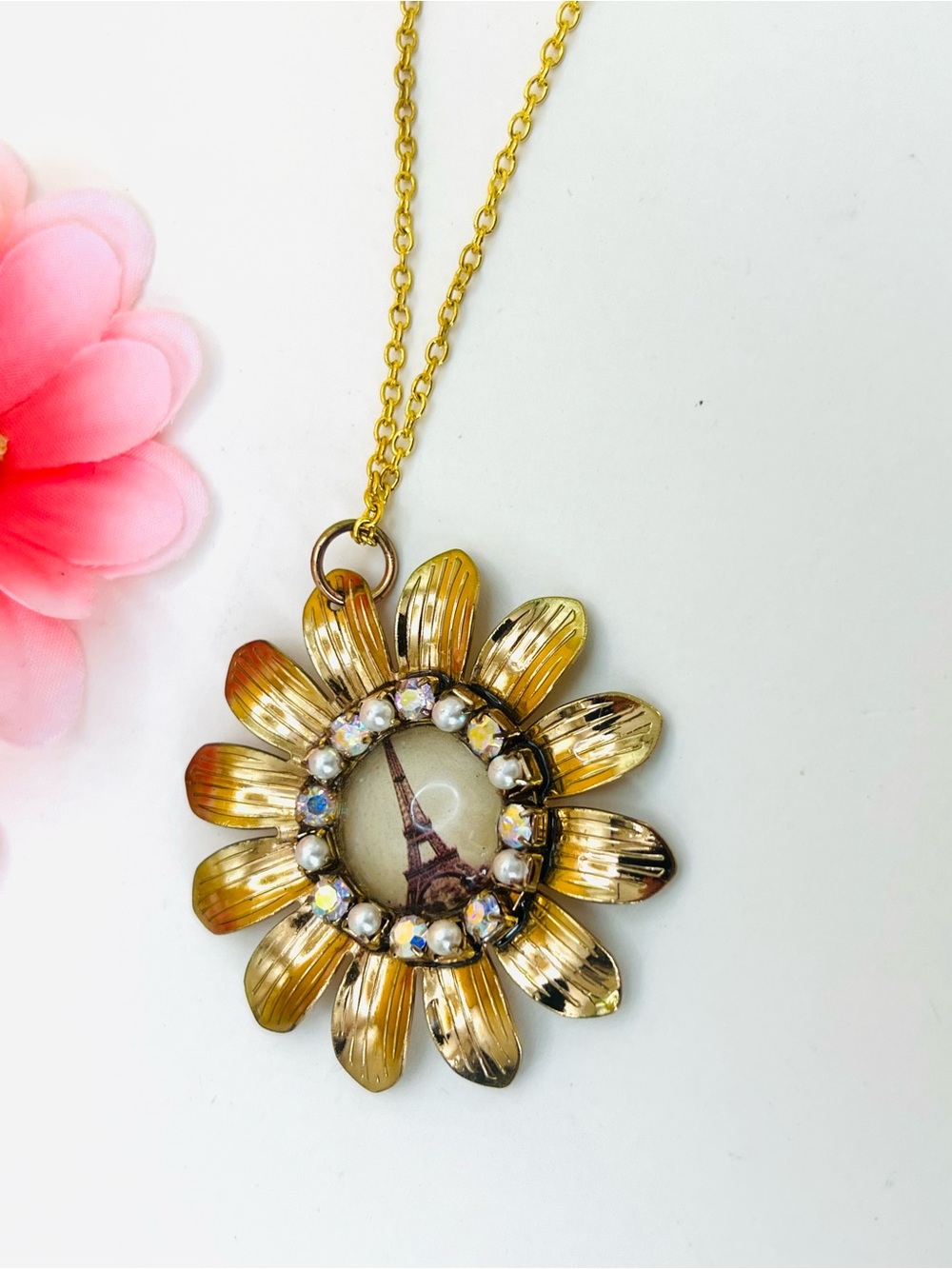 Gold-Tone Sunflower Pendant Necklace with Eiffel Tower Center